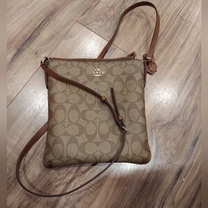 Coach Crossbody Bag Brown Leather Logo Pattern Womens Signature Swingpack